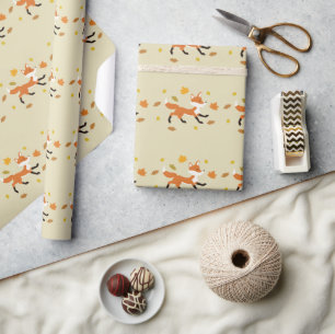 Papier Cadeau Joli renard rouge courant avec motif de feuilles d