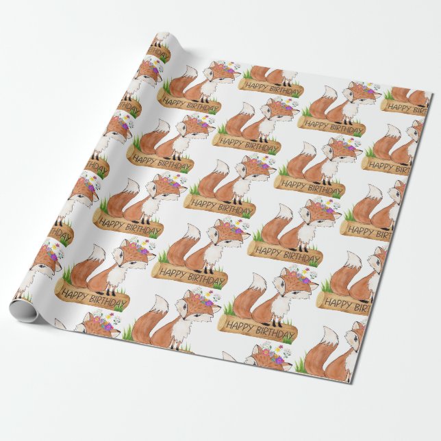 Papier Cadeau Joli Renard Woodland Motif d'anniversaire (Déroulé)