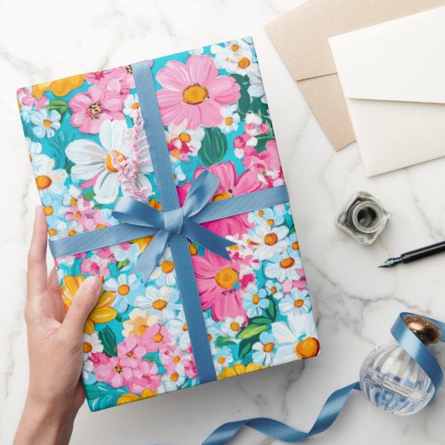 Papier Cadeau Joli rose et bleu rétro floral (Cadeaux)