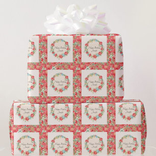 Papier Cadeau Joli rose Floral Joyeux Anniversaire Ajouter un no