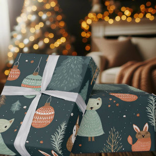 Papier Cadeau Joli Sage Green Winter Woodland Renards Noël