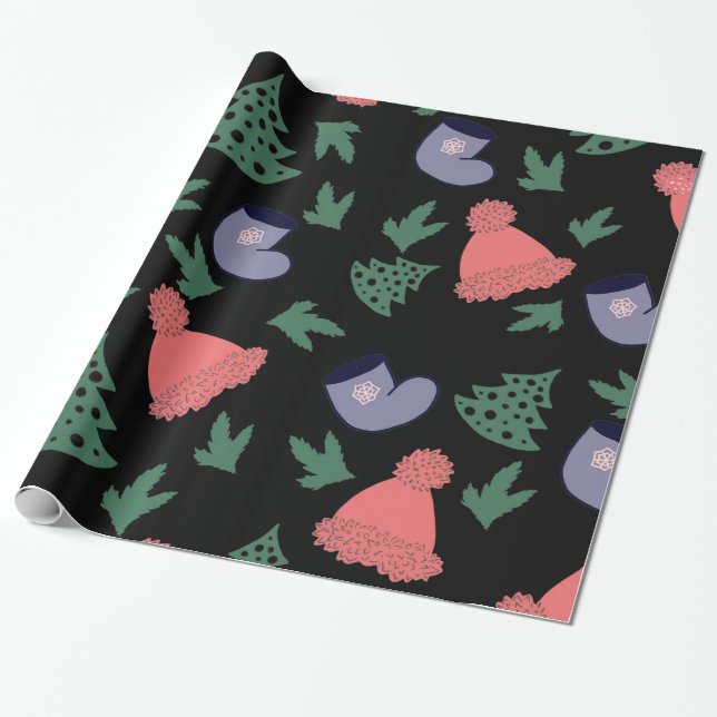 Papier Cadeau Joli sapin de Noël, Bas, Casquettes rouges sur noi (Déroulé)