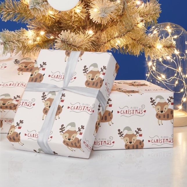 Papier Cadeau Joli script de Joyeux Noël Renne  (Vacances)