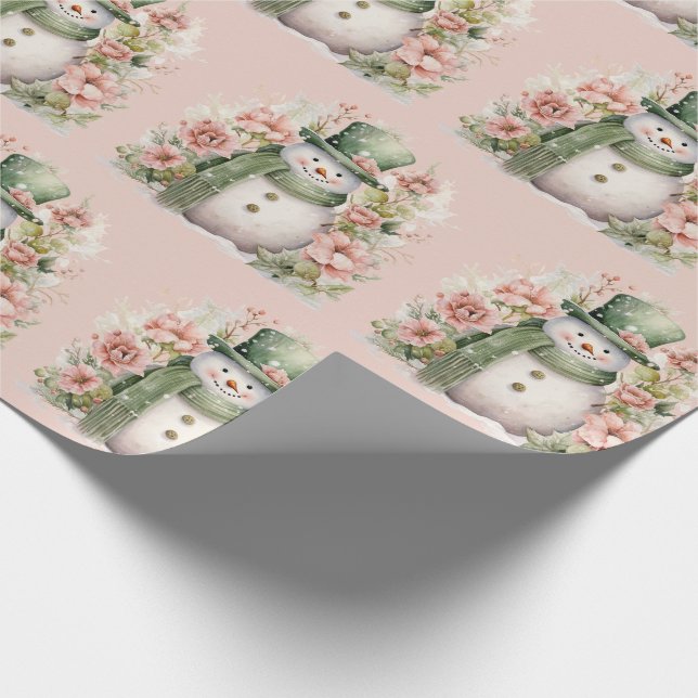 Papier Cadeau Joli Snowman Floral Pink Noël (Coin)