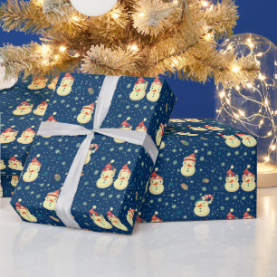 Papier Cadeau Joli Snowmen Snowflakes Bleu Noël