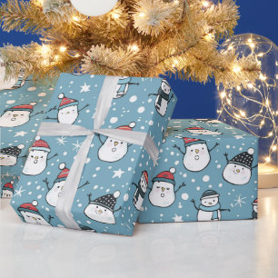 Papier Cadeau Joli Snowmen Snowflakes Bleu Noël