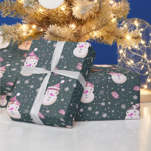 Papier Cadeau Joli Snowmen Snowflakes Green Christmas