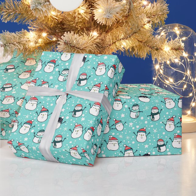 Papier Cadeau Joli Snowmen Snowflakes Green Christmas (Vacances)