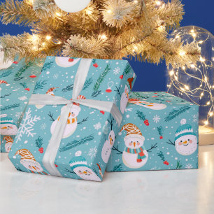 Papier Cadeau Joli Snowmen Snowflakes Green Christmas