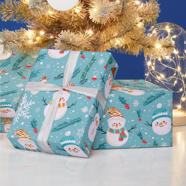 Papier Cadeau Joli Snowmen Snowflakes Green Christmas (Vacances)