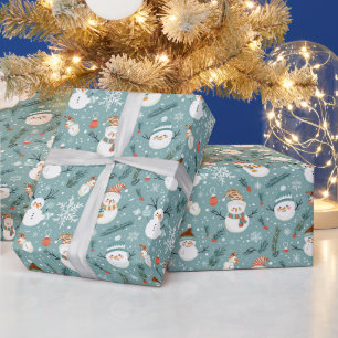 Papier Cadeau Joli Snowmen Snowflakes Green Christmas
