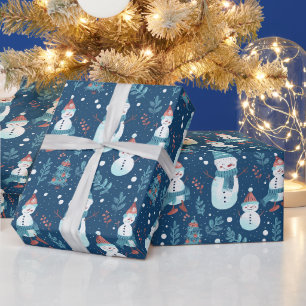 Papier Cadeau Joli Snowmen Vert Neige Bleu de neige Noël