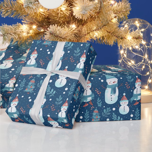 Papier Cadeau Joli Snowmen Vert Neige Bleu de neige Noël (Vacances)