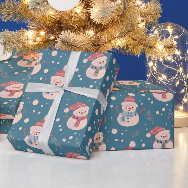 Papier Cadeau Joli Snowmen Vert Neige Bleu de neige Noël (Vacances)