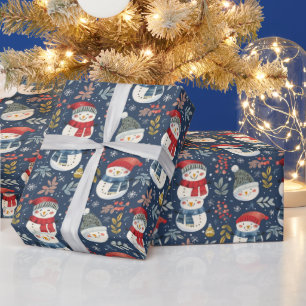 Papier Cadeau Joli Snowmen Vert Snowflakes Bleu Noël