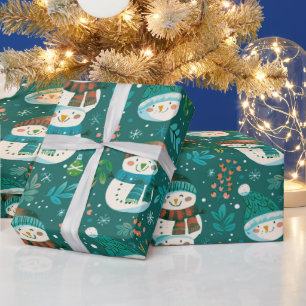 Papier Cadeau Joli Snowmen Vert Snowflakes Vert Noël