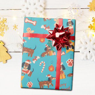 Papier Cadeau Joli teckel de Noël sarcelle Joyeux Woofmas