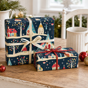 Papier Cadeau Joli Village de Noël Fantaisiste et Festif