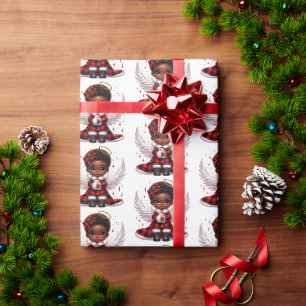 Papier Cadeau Jolie Afro Angel Petite Fille Rouge & Noir Noël