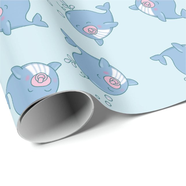 Papier Cadeau Jolie baleine Baby shower Kawaii fille rose (Coin rond)
