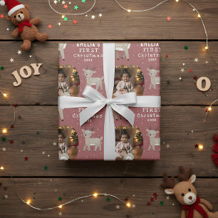 Papier Cadeau Jolie Bébé, 1ère Photo de Noël Renne
