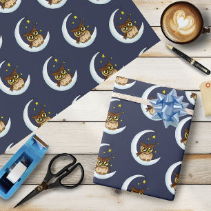 Papier Cadeau Jolie chouette brune croissant lune étoiles bleues