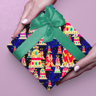 Papier Cadeau Jolie cloches colorées rétro vintage Noël marine