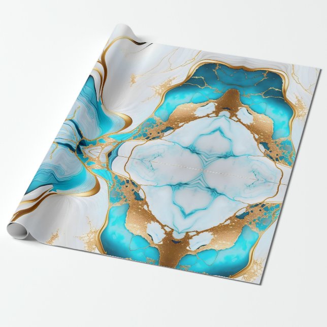 Papier Cadeau Jolie conception de Marbre blanc d'or bleu (Déroulé)