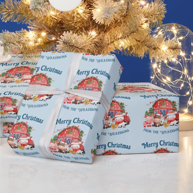 Papier Cadeau Jolie ferme de Noël Animaux sur bleu clair (Vacances)