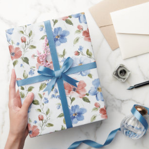 Papier Cadeau Jolie Fête Anniversaire Fleurs Bleues Rouges