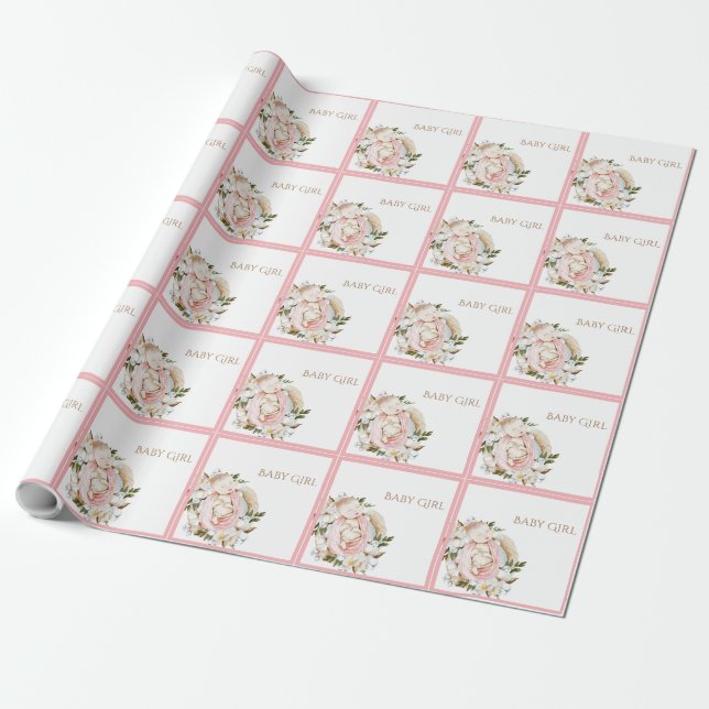 Papier Cadeau Jolie Fille Bébée Rose Floral (Déroulé)