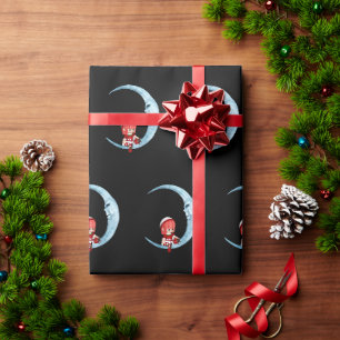 Papier Cadeau Jolie fille Elf assis sur la lune Noir Noël
