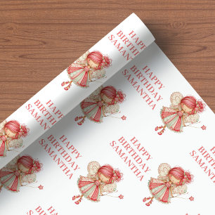 Papier Cadeau Jolie Fille Fée Rougeur Florale Anniversaire Embal