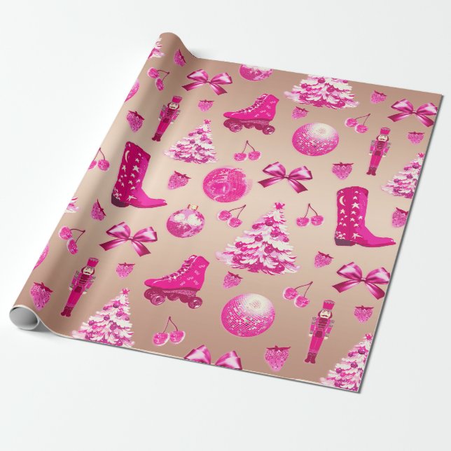 Papier Cadeau Jolie fille Preppy rose Rose de Noël or (Déroulé)