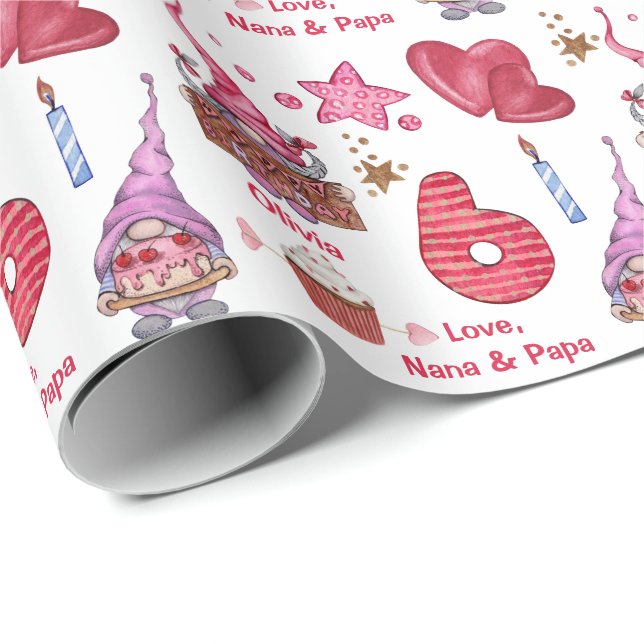 Papier Cadeau Jolie fille rose Gnome 6 ans Anniversaire (Coin rond)