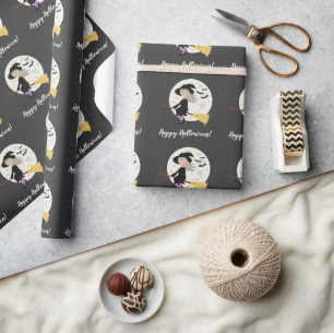 Papier Cadeau Jolie Fille Sorcière Volante & Texte Joyeux Hallow
