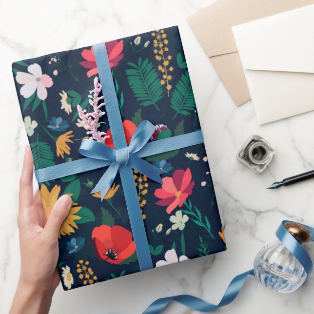 Papier Cadeau Jolie Fleurs sauvages colorées Design bleu marine (Cadeaux)