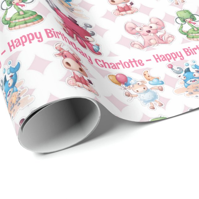 Papier Cadeau Jolie Fun Girl's Birthday Ajouter le nom Age Souri (Coin rond)