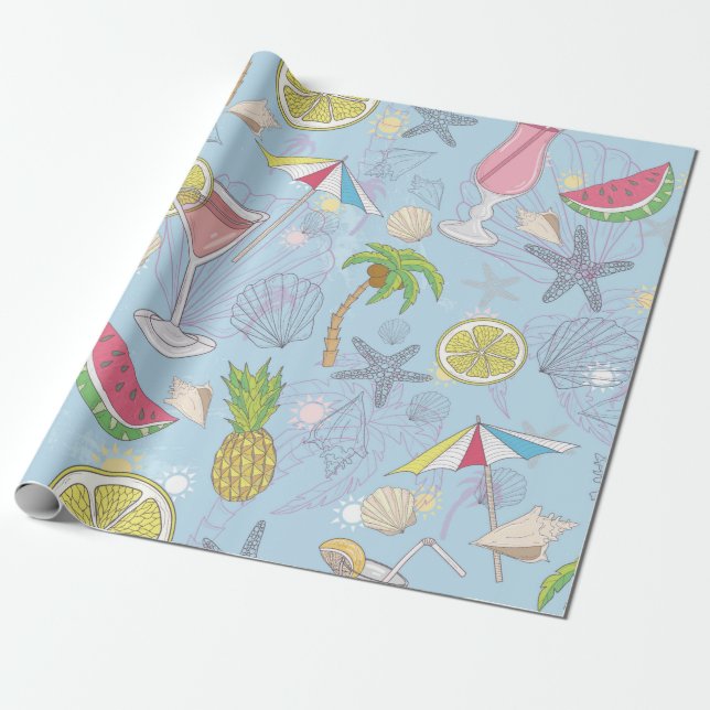 Papier Cadeau Jolie illustration estivale motif avec pastèque,  (Déroulé)