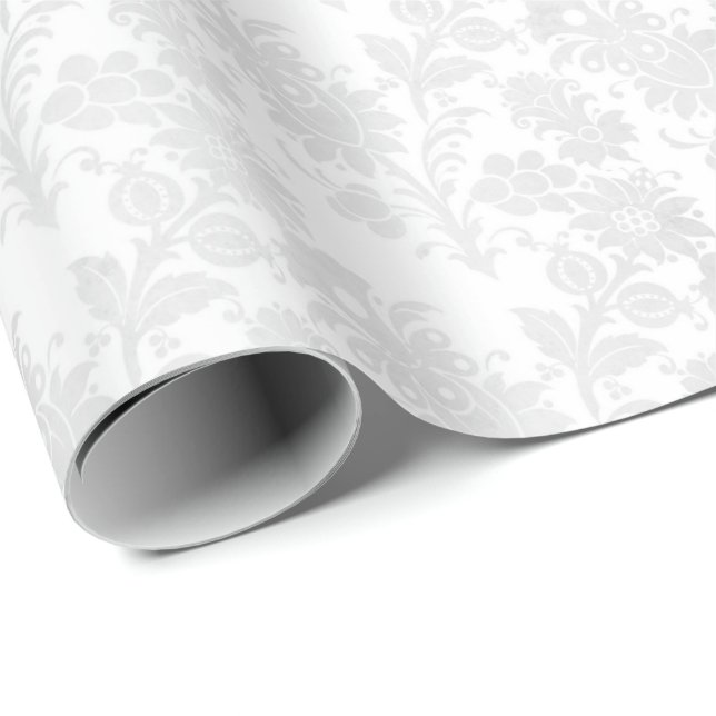 Papier Cadeau Jolie impression florale en damas blanc (Coin rond)
