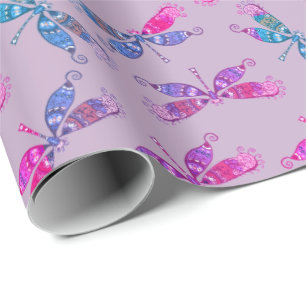 Papier Cadeau Jolie libellule violet bleu Motif à deux tons