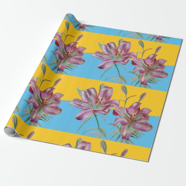 Papier Cadeau Jolie Lys Fleur Rose Floral Lys Aquarelle (Déroulé)