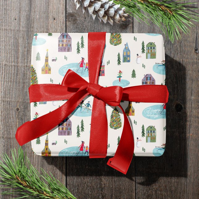 Papier Cadeau Jolie maison d'hiver Village Scène Noël (Cute Winter House Village Scene Christmas Wrapping Paper)