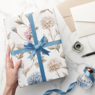 Papier Cadeau Jolie Mariage Fleurs Bleues Crème Douche de Mariée