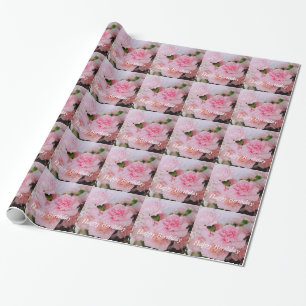 Papier Cadeau Jolie oeillet rose fleurs joyeux anniversaire