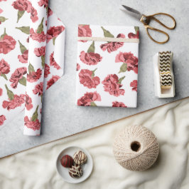 Papier Cadeau Jolie oeillets roses sur motif blanc