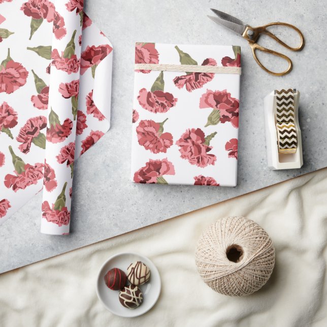 Papier Cadeau Jolie oeillets roses sur motif blanc (Artisanat)