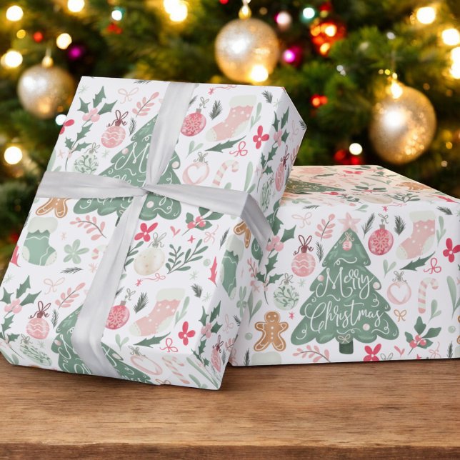 Papier Cadeau Jolie rétro Noël choses Motif d'illustration (Cute retro Christmas things Illustration Pattern Wrapping Paper)