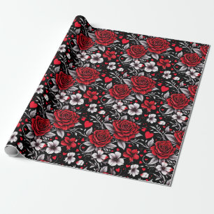 Papier Cadeau Jolie, Rouge, Roses noires et blanches, Coeurs