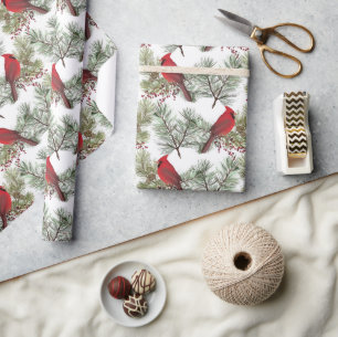 Papier Cadeau Jolies cardinales rouges Berry Pine Branches Noël